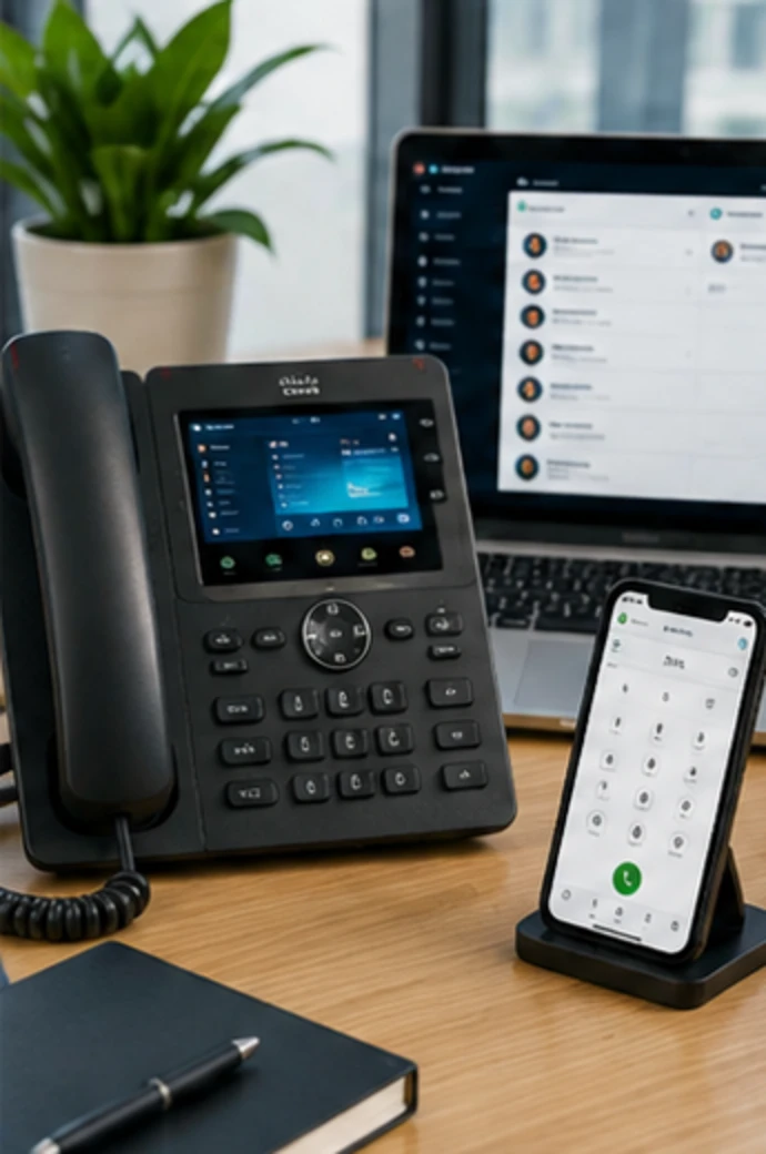 Business desk phone alongside a mobile softphone app
